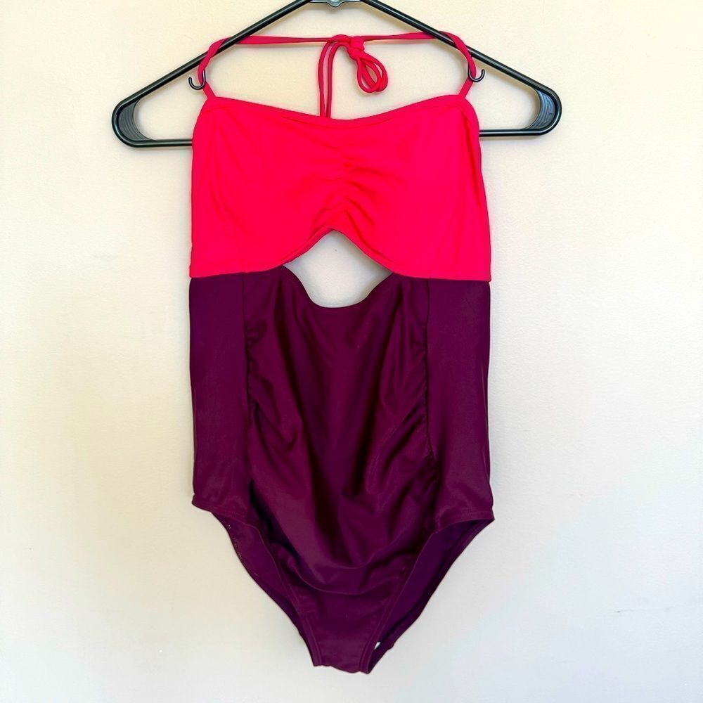 motherhood maternity one piece swimsuit with cutouts, halter top, super cute S